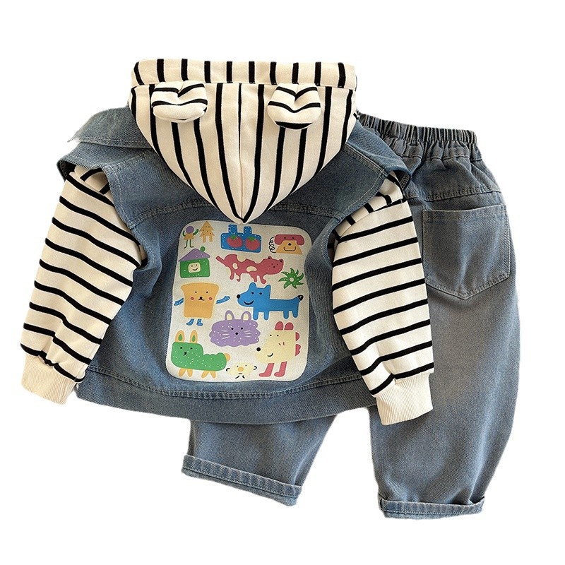 2024 Autumn/Winter new Korean-style hooded bear hoodie, sponge treasure denim vest, Hum-ha jeans, children's set Item Picture