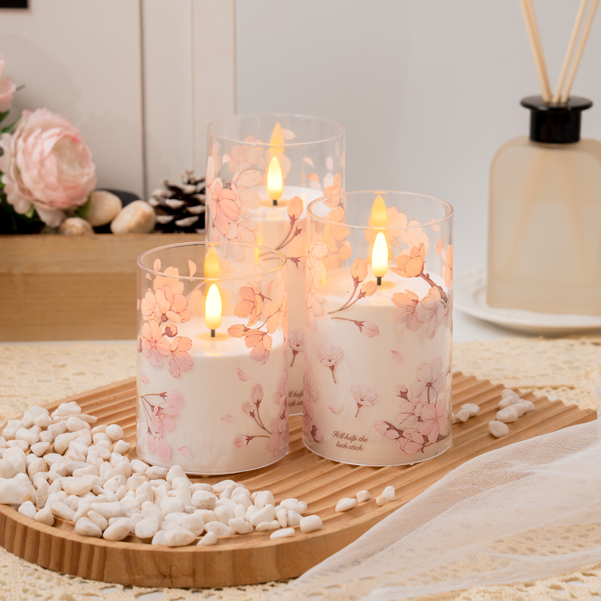 Cherry blossom printed electronic candle lamp, LED flat socket electric candle lamp, decorative lamp, festival atmosphere lamp, flame does not burn Item Picture
