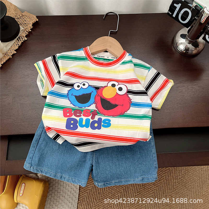 Children's cartoon short-sleeved T-shirt 2025 Summer Edition for Babies and Kids, rainbow striped loose half-sleeved boys' summer set Specification drawing