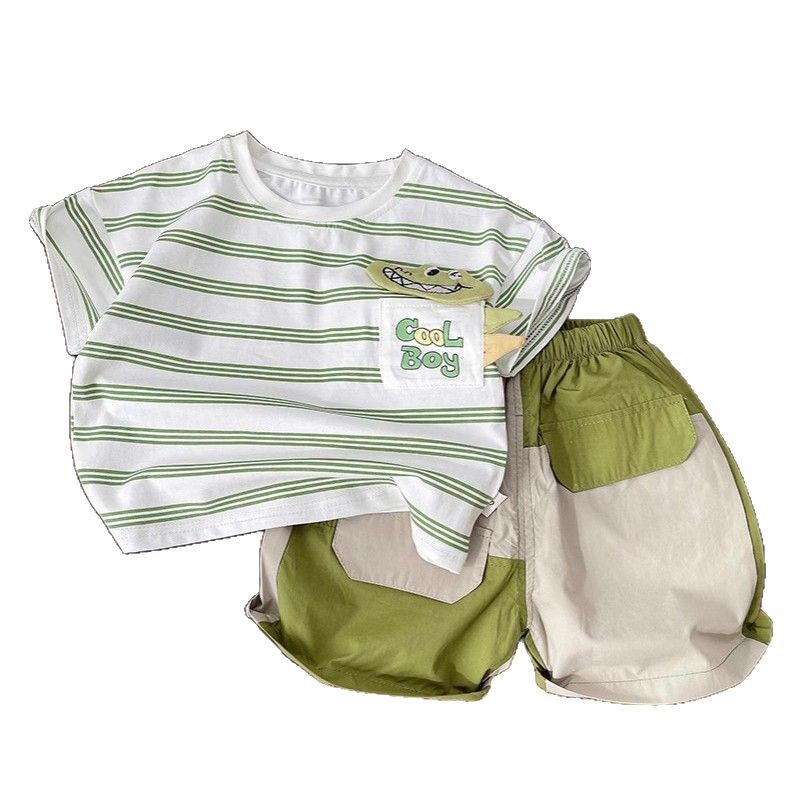Summer Boys 2025 New striped set, baby Crocodile short-sleeved round-neck T-blood fashionable patchwork 5 shorts, pure cotton Item Picture