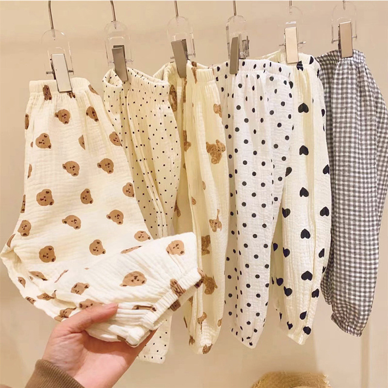 For the summer of 2023, both boys and girls should wear double-layer cotton yarn mosquito repellent pants, small children's long pants and children's gauze pants details Picture