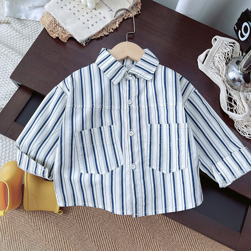 Fashion shirt: Korean Boys' Trendy 2024 Autumn New Style with vertical stripes and smiling faces full figure