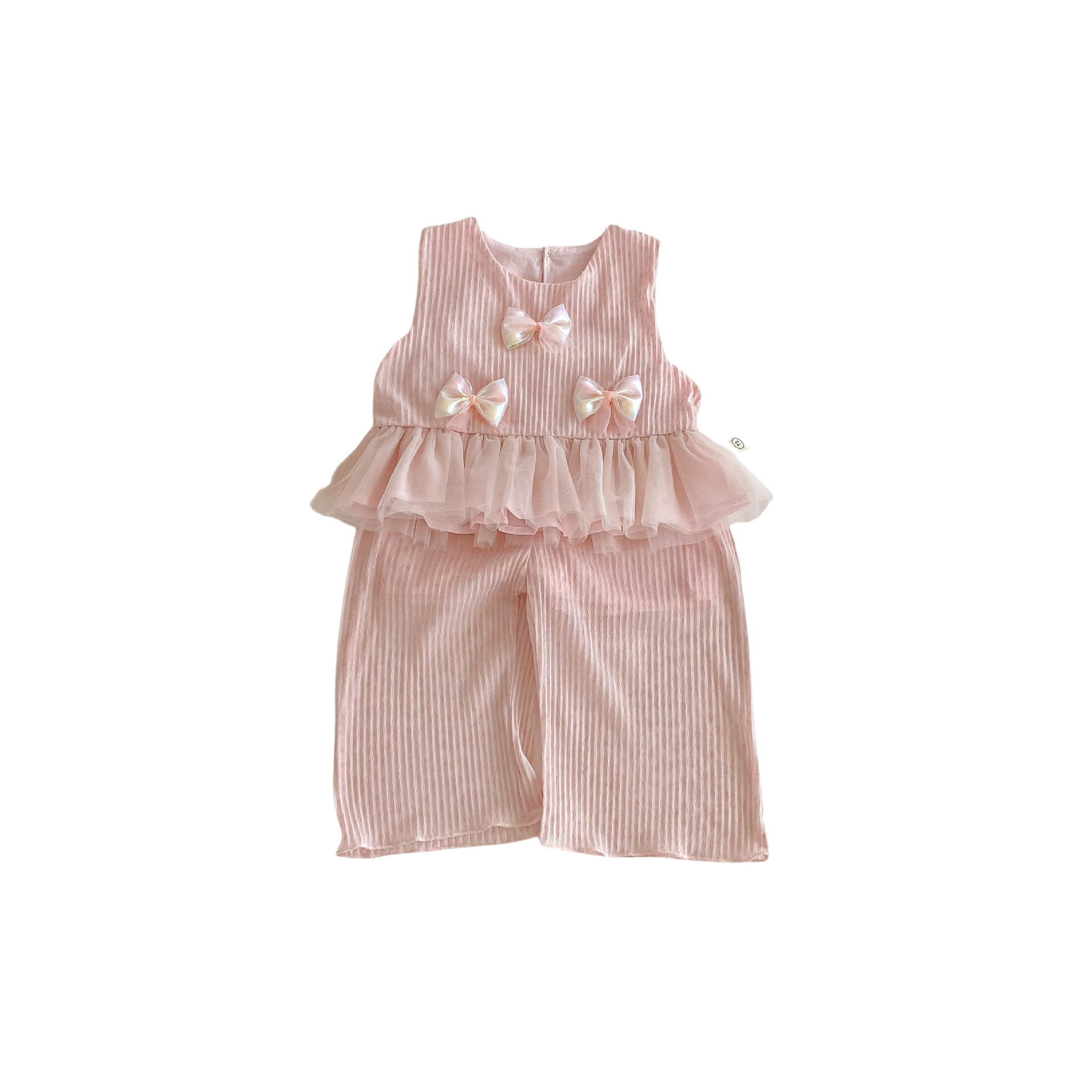 A new Korean version set for girls 2025 summer, featuring a stylish bow doll shirt and solid color wide-leg pants Item Picture