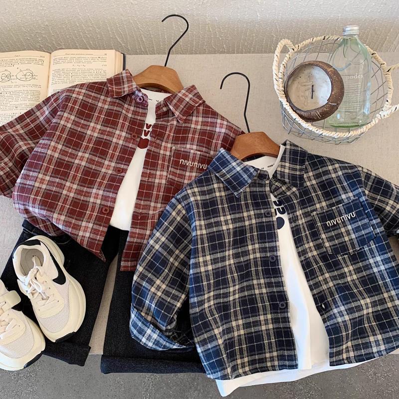 Boys' Spring and Autumn long-sleeved shirts 2025 Spring collection Korean style children's stylish shirts, baby checkered tops trendy full figure