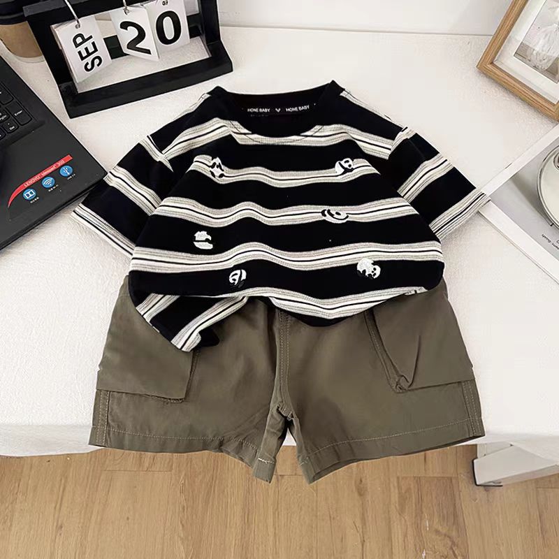 Boys' Summer Set 2025 New style Children's striped short-sleeved summer clothes, baby boys' fashionable puller print Specification drawing