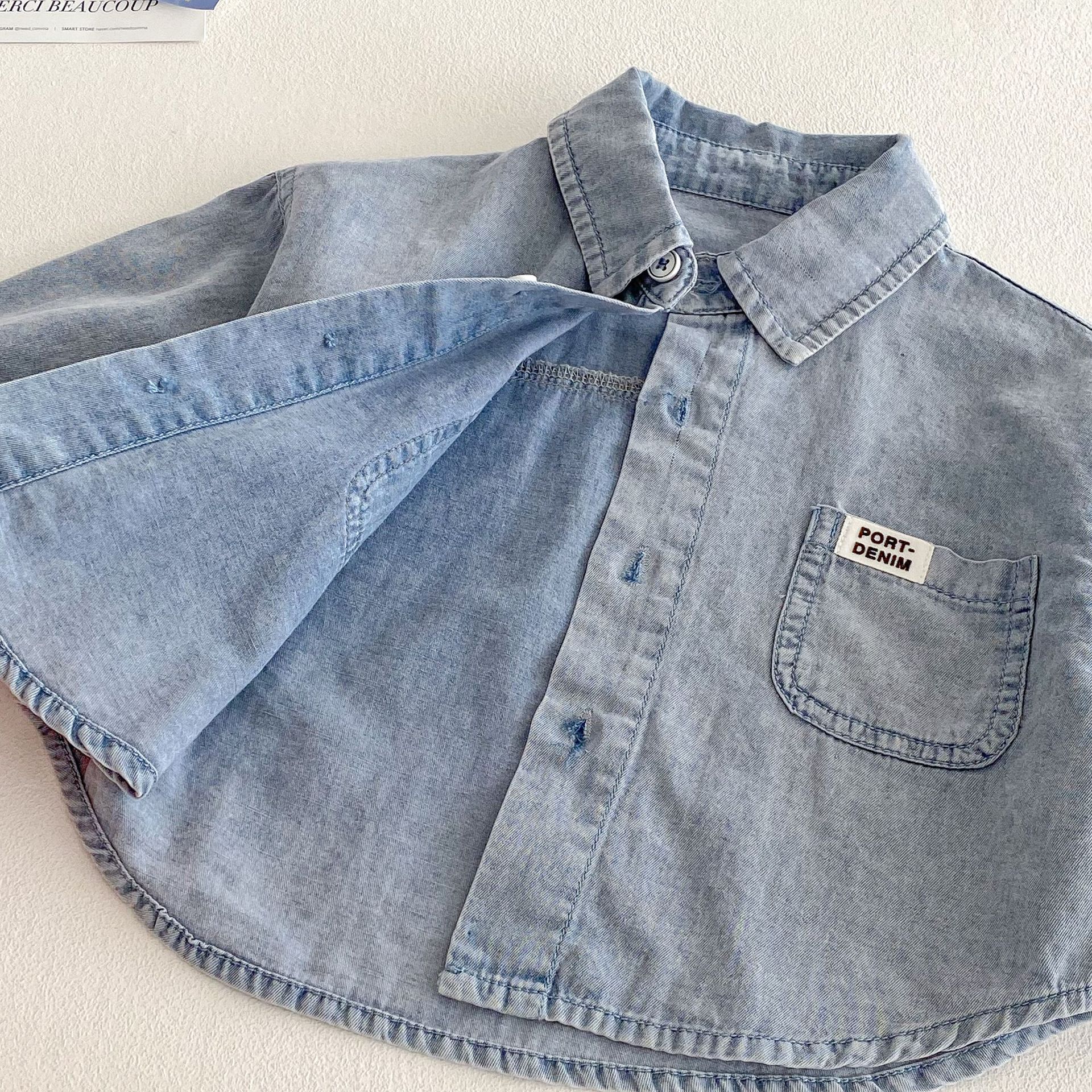 Children's denim shirt 2025 New style, 0-5 years old spring Boys' labeled Korean-style shirt, trendy baby solid color spring wear Application Scenario
