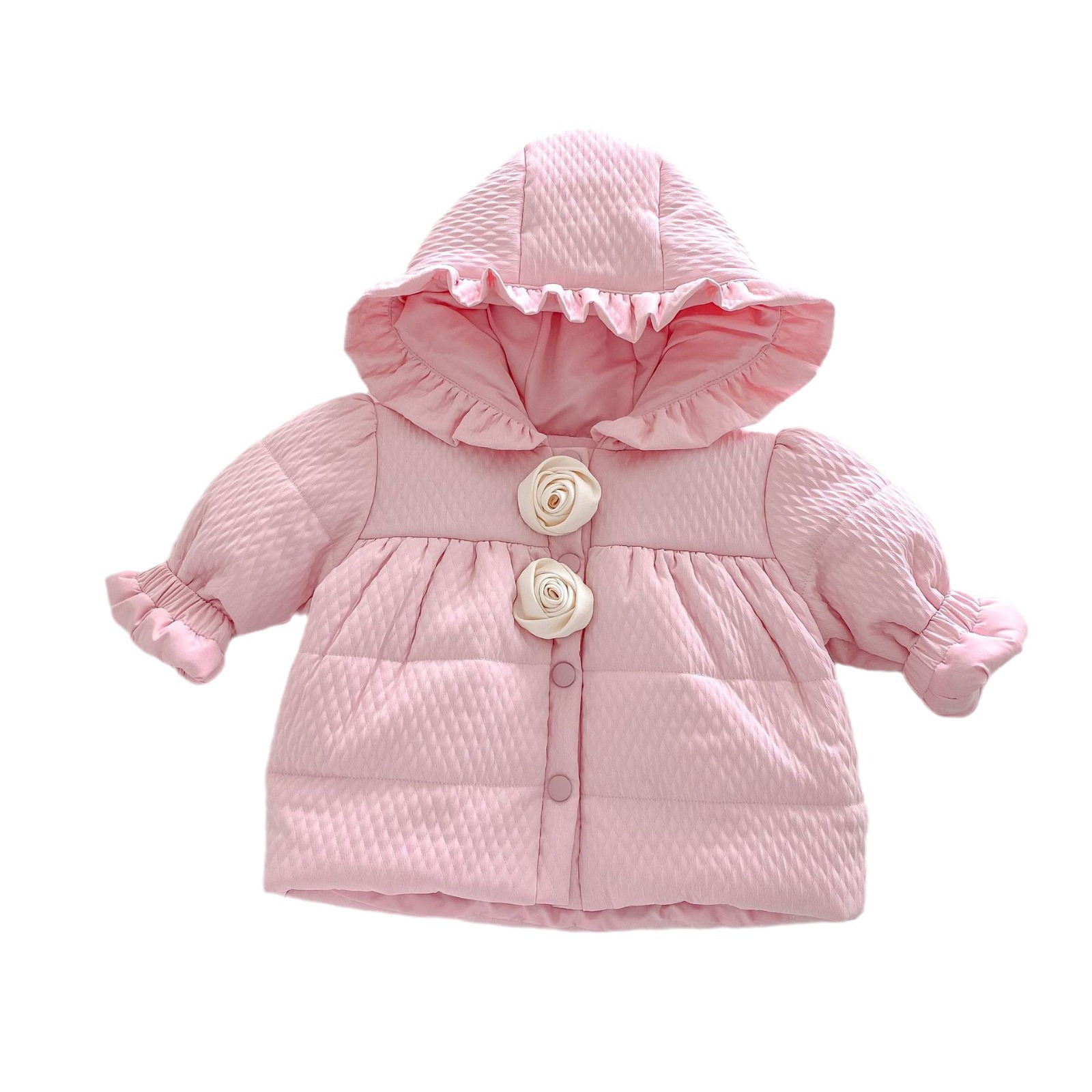 Thick cotton-padded jacket for girls, 0-5 years old, winter girls, stylish fleece, flower-trimmed, hooded and cotton-padded sweet cotton-padded jacket AY689 Item Picture