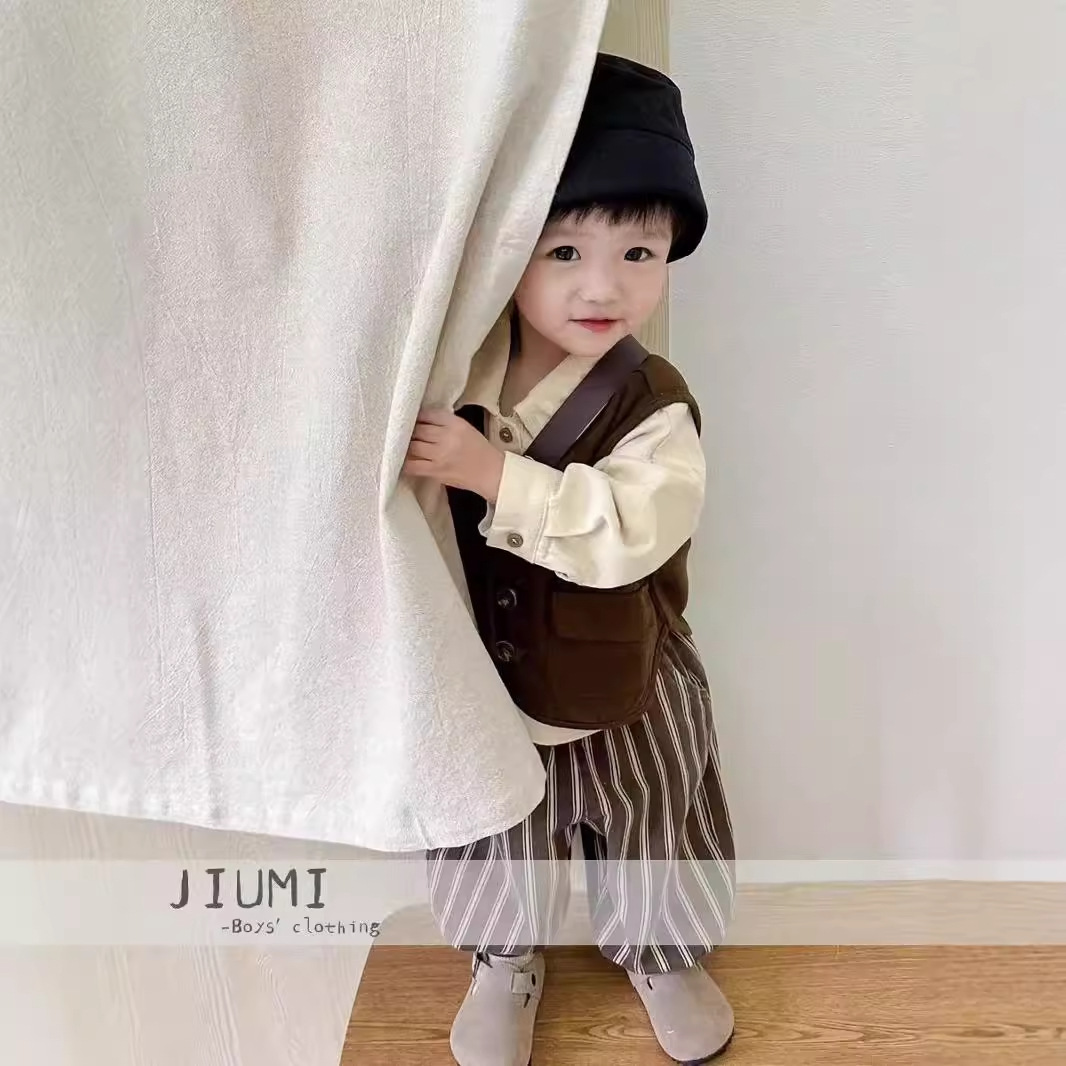 New Korean-style three-piece workwear set, coffee-colored trendy shirt, baby top, children's factory in stock supply details Picture