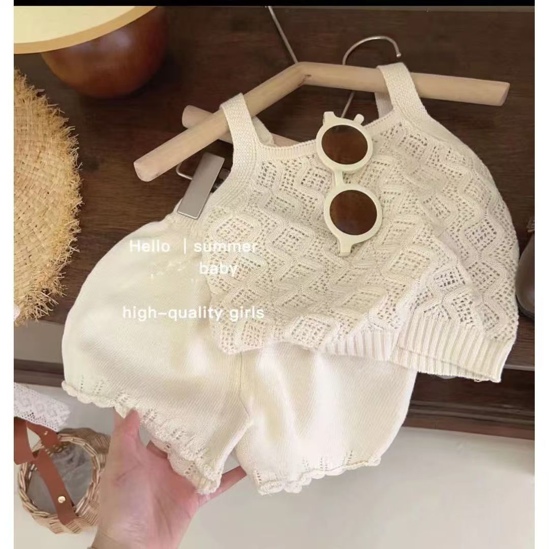 Summer girls' hollowed-out halter top and shorts knitted set, children's thin breathable two-piece set, summer bestseller full figure