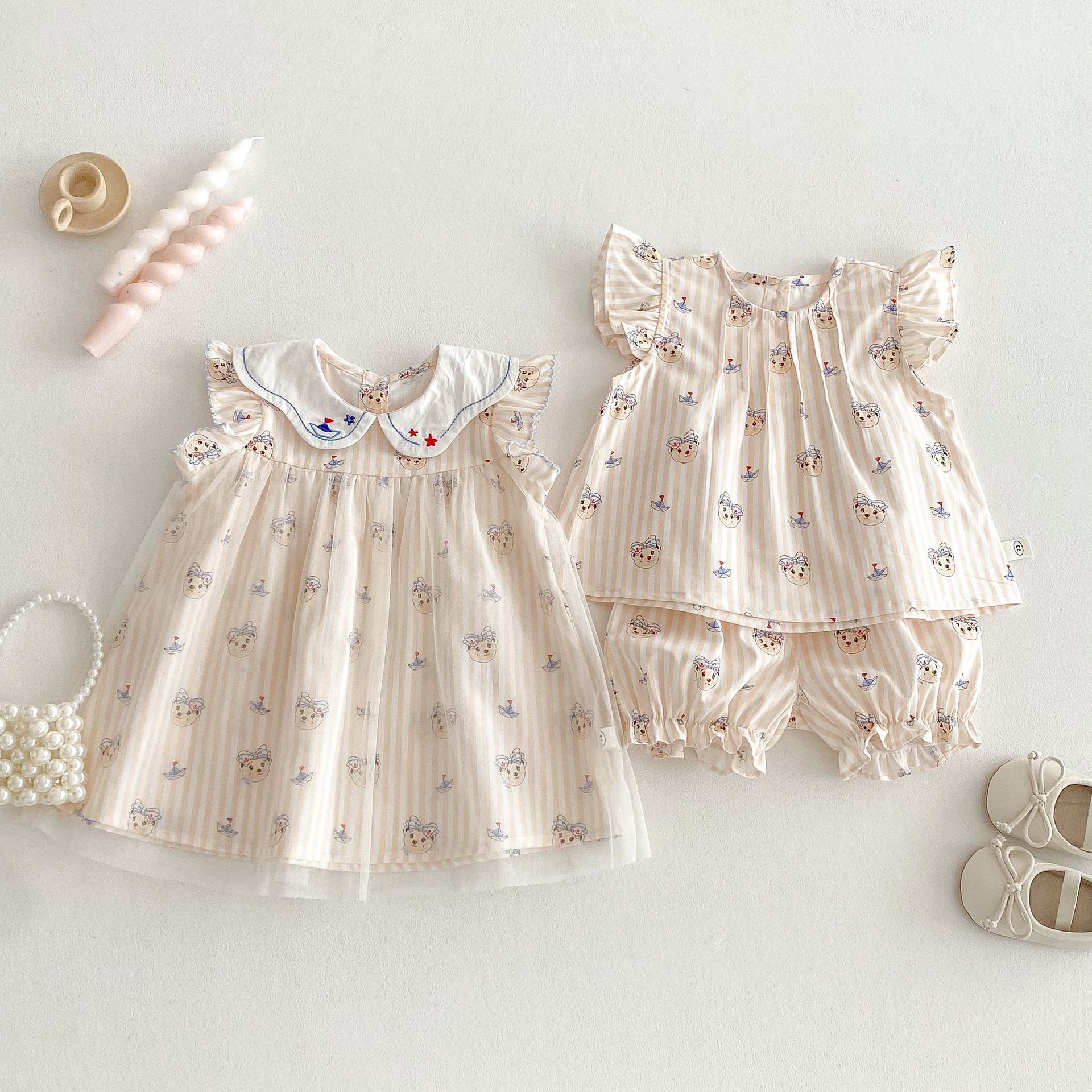 Girls' cartoon net gauze dress 2025 new summer girls' baby sailing bear dress Trendy children's Korean-style dress full figure