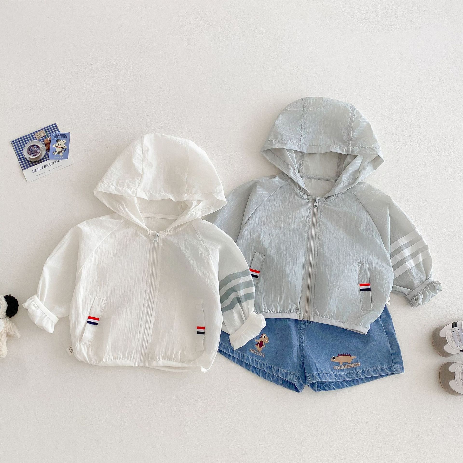 Solid color air-conditioned shirt for boys, 2025 new style, 0-5 years old summer children's Korean hooded jacket, baby thin summer wear details Picture