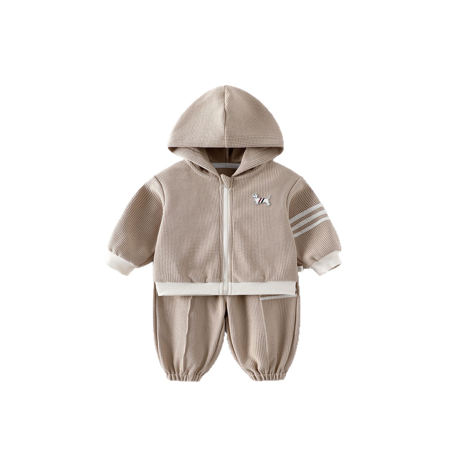 Children's Waffle Check Set 2025 New Autumn: Girls' labeled hooded Jacket and Boys' Korean-style sweatpants Two-piece set Item Picture