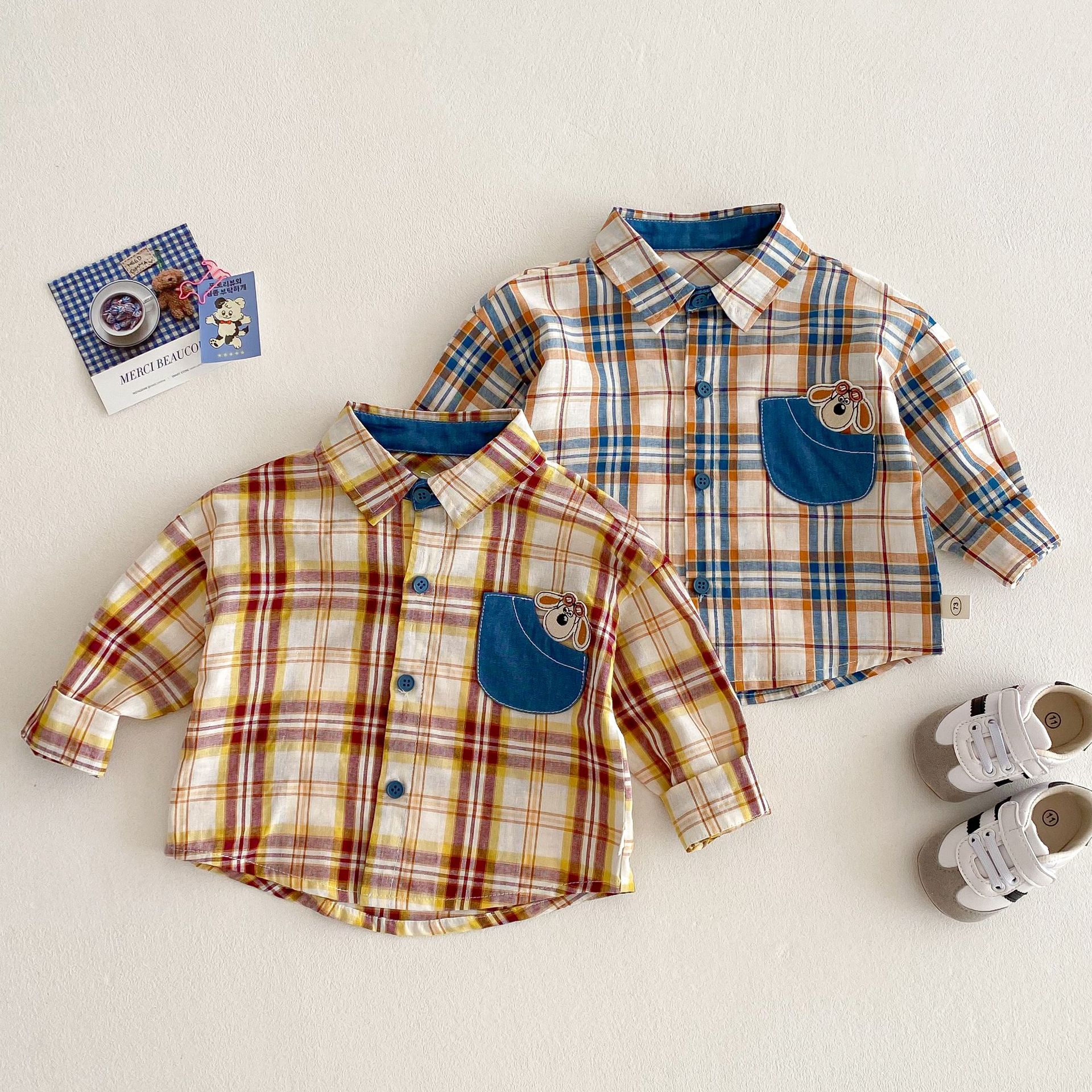 Children's checkered shirt 2025 new spring Boys' fashion patchwork denim cartoon shirt Baby Korean style spring wear details Picture