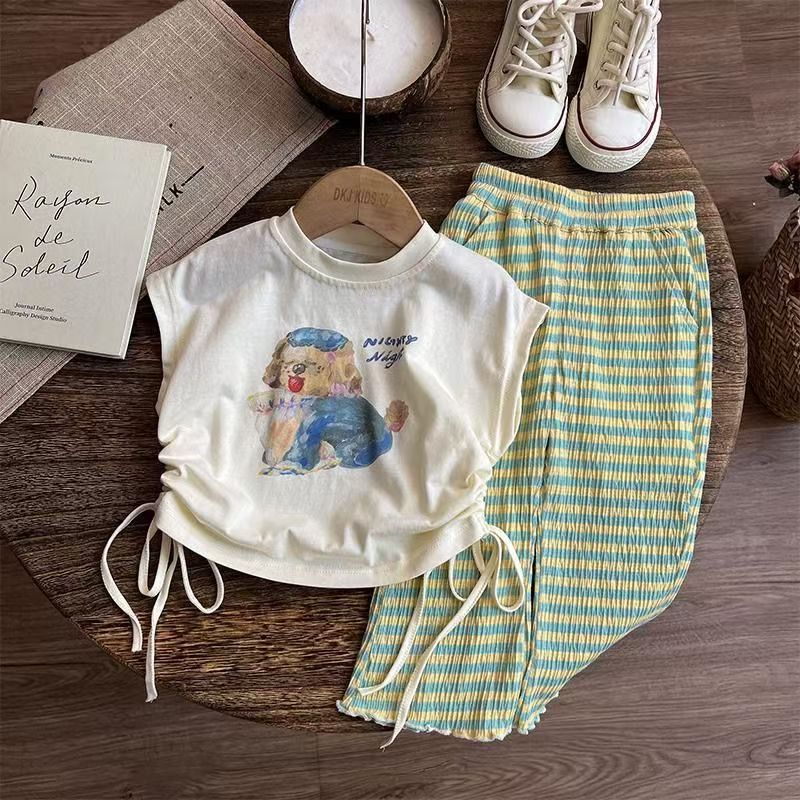 Girls' summer top striped casual pants set for children's clothing 2024 new cartoon print T-shirt Trendy two-piece set full figure