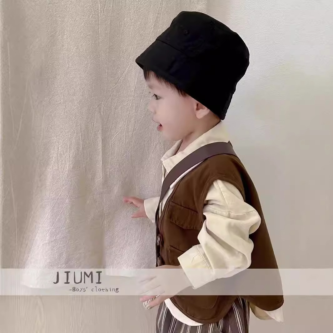 New Korean-style three-piece workwear set, coffee-colored trendy shirt, baby top, children's factory in stock supply Specification drawing