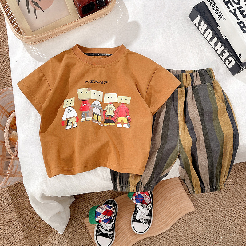 Boys' short-sleeved T-shirt, summer girls' robot caramel-colored half-sleeved thin top, children's set wholesale full figure