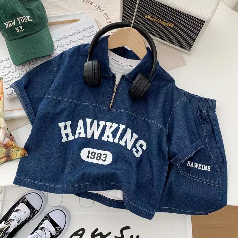 Summer trendy denim short-sleeved shirts and shorts for boys, 2025 new style, a cool Korean bestseller for little kids full figure