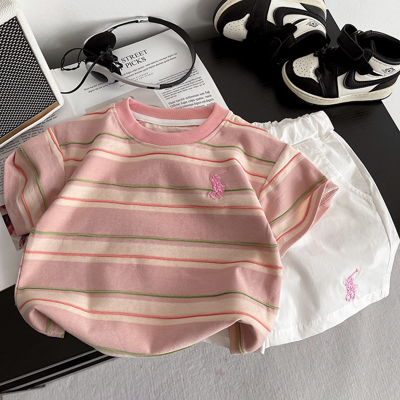 2025 Little Boy Summer New Set Baby Korean-style embroidered jacquard Striped Top, trendy baby Fashion set details Picture