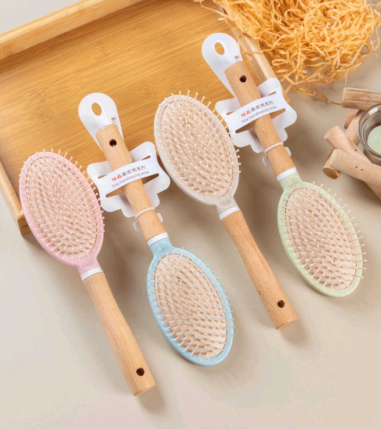时尚榉木气垫按摩梳女士美发梳子麦秸秆气囊梳便携家用造型梳吊卡卷发梳详情图12