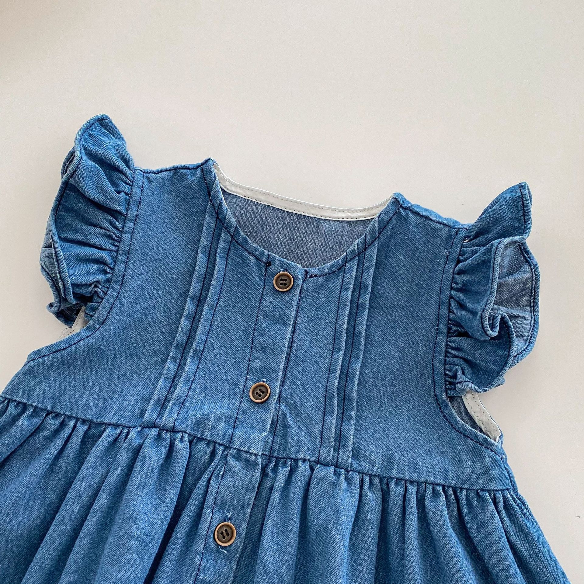 Girls' solid-color dress 2025 new spring baby flying sleeve denim dress, children's solid-color soft Korean-style dress Specification drawing