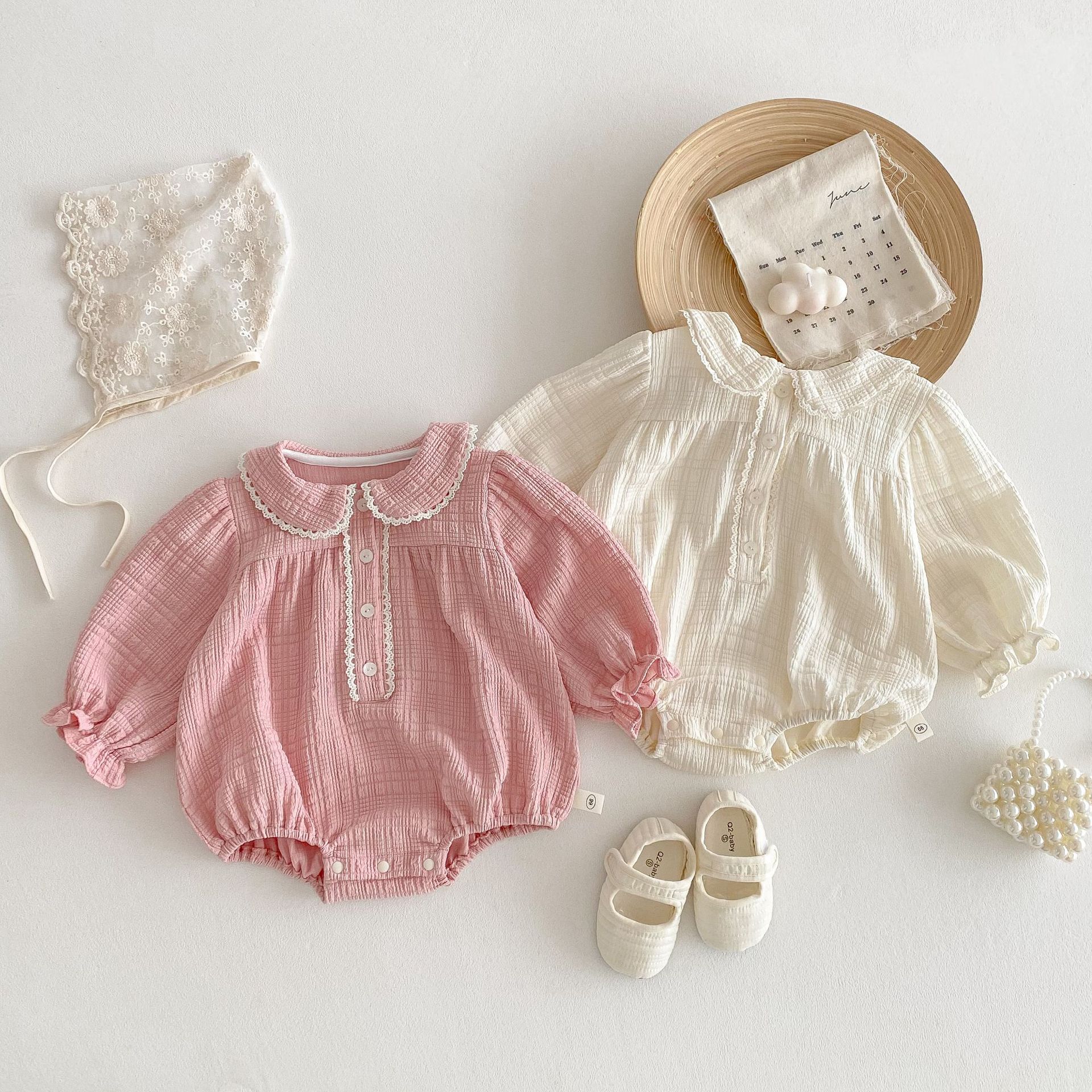 Baby super cute tummy dress for 0-2 years old 2025 new spring baby doll collar solid color one-piece spring clothing details Picture