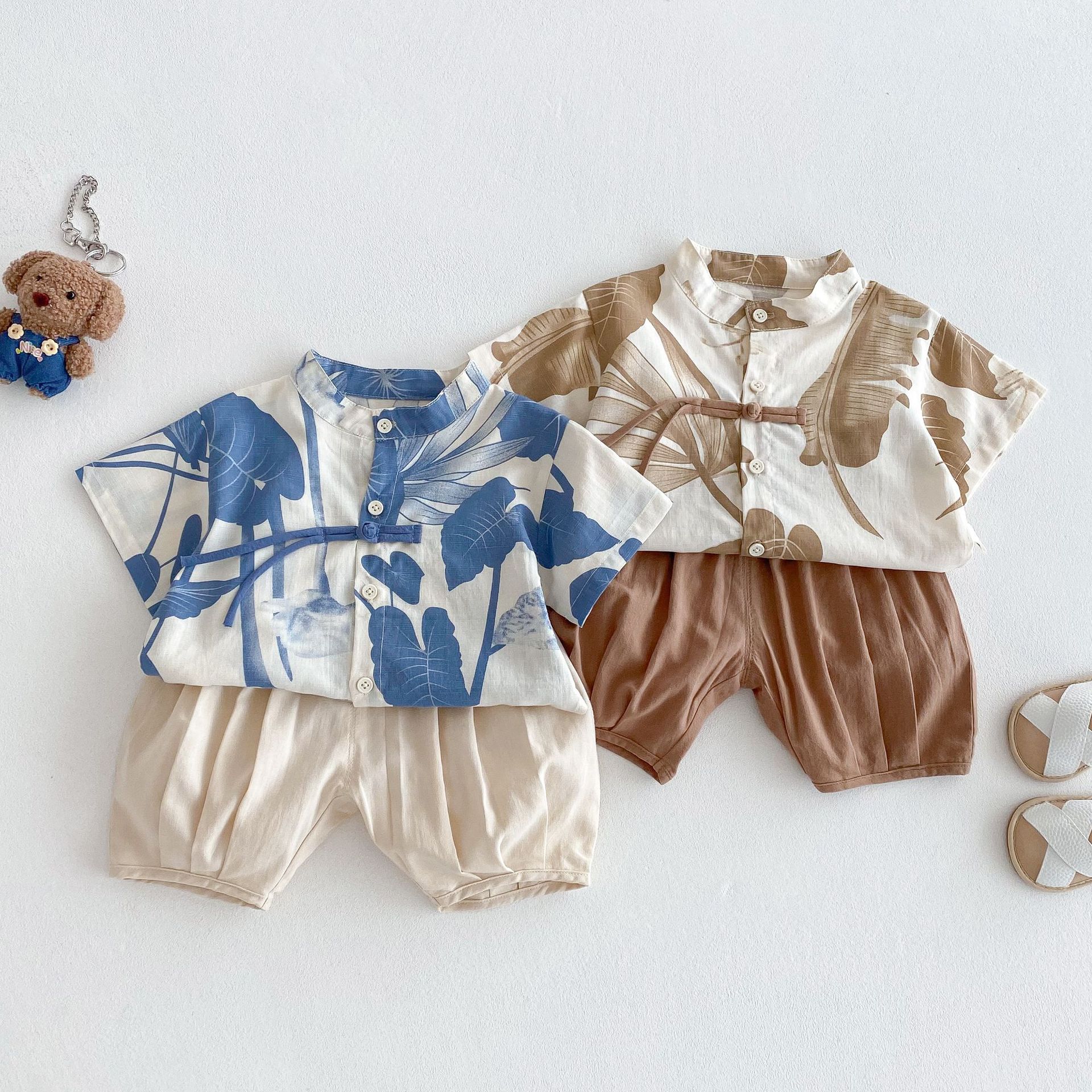 Boys' fashion summer wear 2025 New style Summer children's stylish Korean-style ink-wash painting shirt Baby solid color casual pants full figure