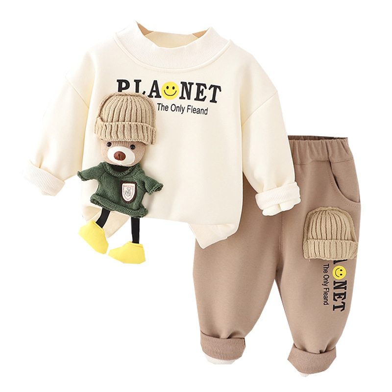 The 2023 autumn and winter new unisex men's and girls' fleece round-neck hoodie long-sleeved set and warm trousers two-piece set are trendy Item Picture