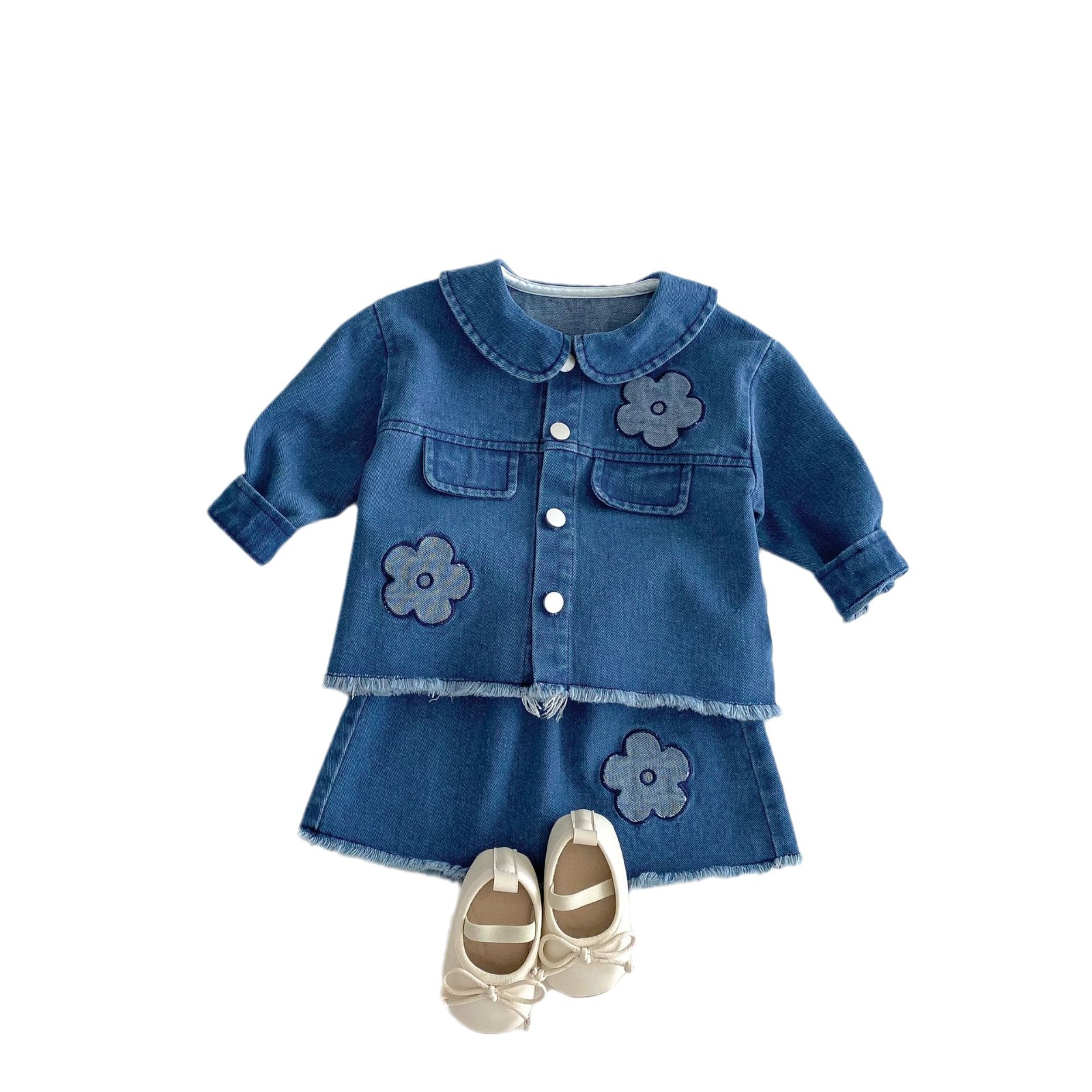 Girls' Denim Set 2025 New Spring Children's Korean-style lapel embroidered coat and Trendy baby skirt two-piece set Item Picture