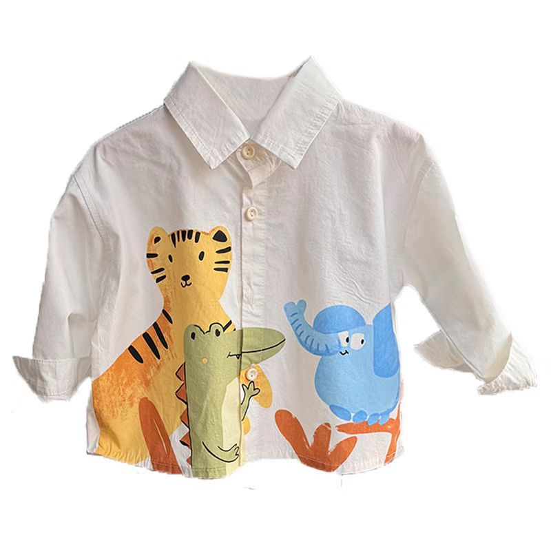 2024 Boys' shirt lapel Korean-style stylish spring and autumn clothes for boys, children's cartoon printed little kids' shirt Item Picture