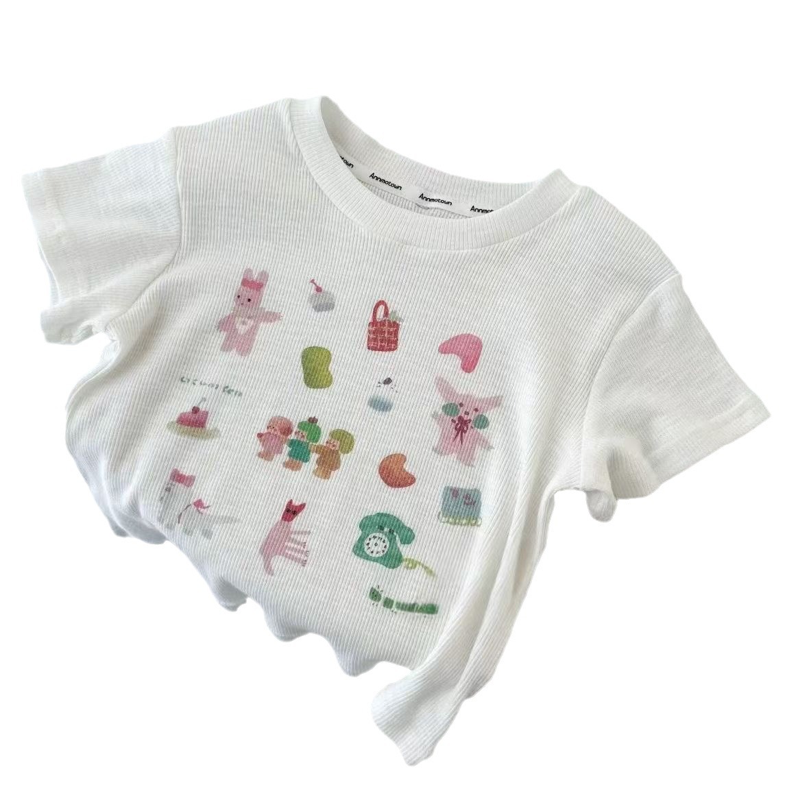 New Spring/Summer 2024 girls' cartoon short-sleeved T-shirt with cute printed summer short-sleeved top and fashionable checked pants set Item Picture