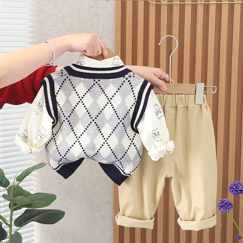 Boys' Spring and Autumn Set 2023 New Stylish Baby spring wear Korean-style sweater vest three-piece set, trendy clothes for infants and children Specification drawing