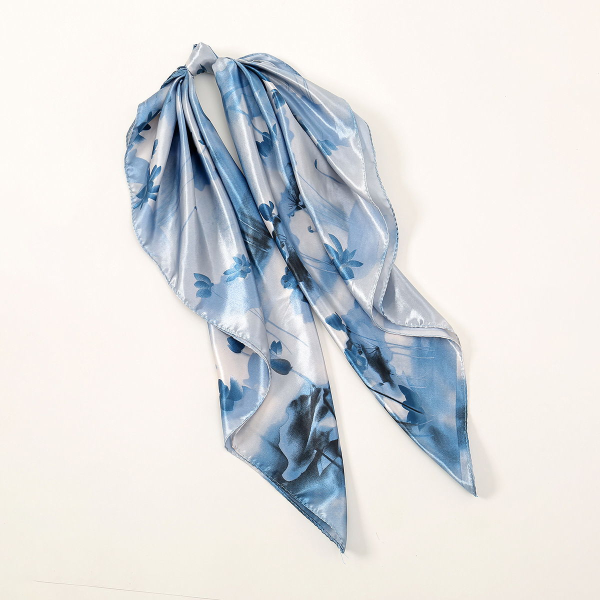 New lotus print square scarf and scarf for foreign trade, realistic style, European and American, 90cm fashionable women's hip-hop silk headscarf and square scarf details Picture