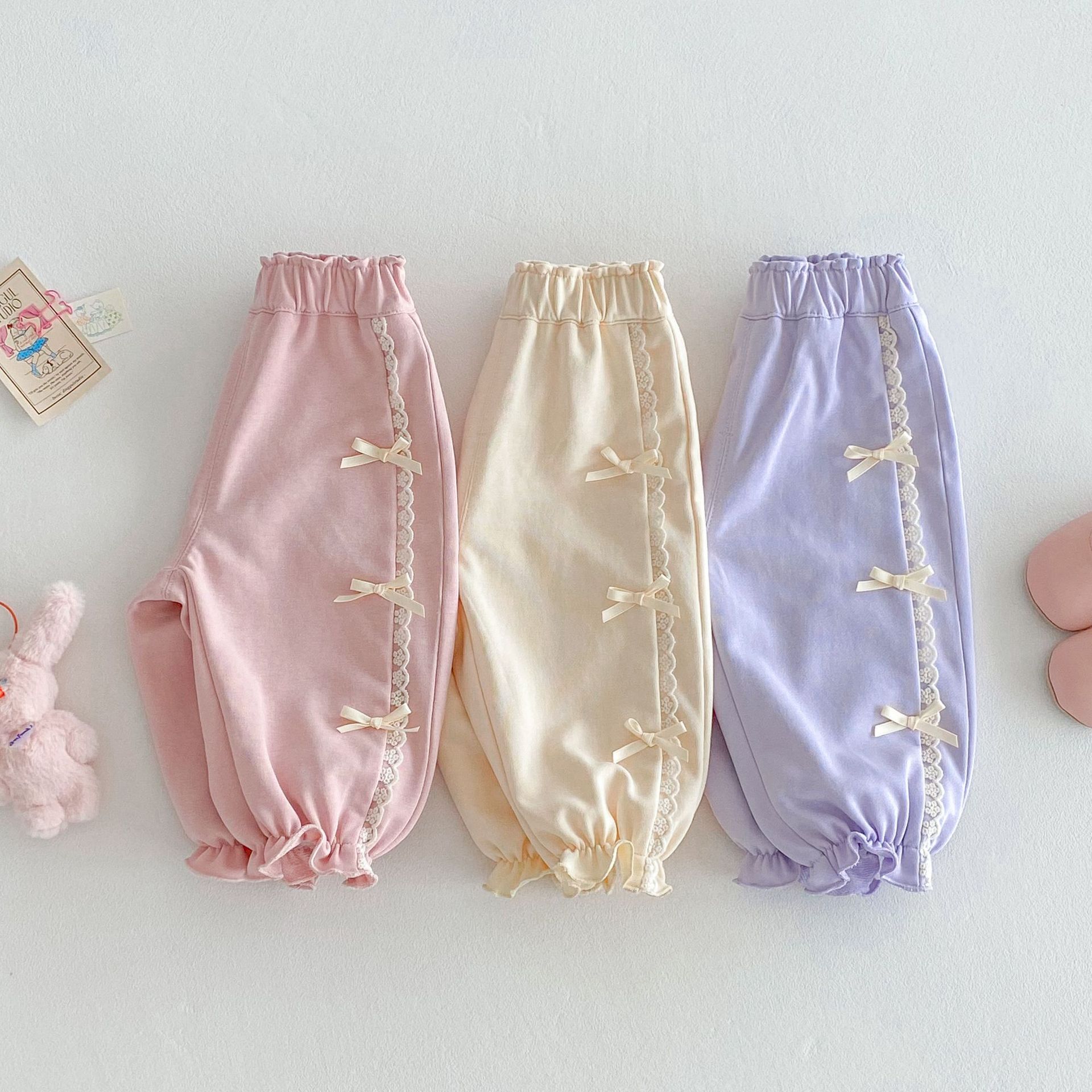 Korean style lantern pants for girls 2025 New spring Season, children's spring pants for 0-5 years old, baby bow casual pants full figure
