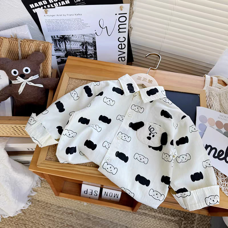 White printed lapel cartoon shirt for boys, long-sleeved shirt with three-dimensional ears for babies, and autumn top for girls Application Scenario