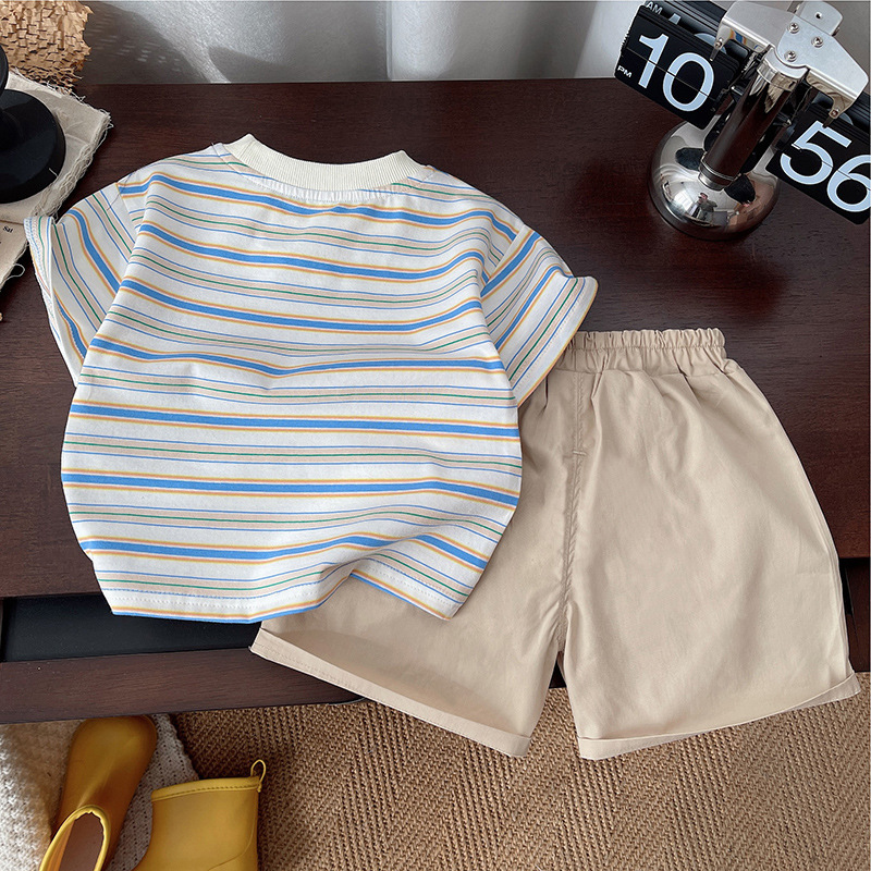 New Korean-style striped printed T-shirt and workwear-style shorts summer two-piece set for children Specification drawing