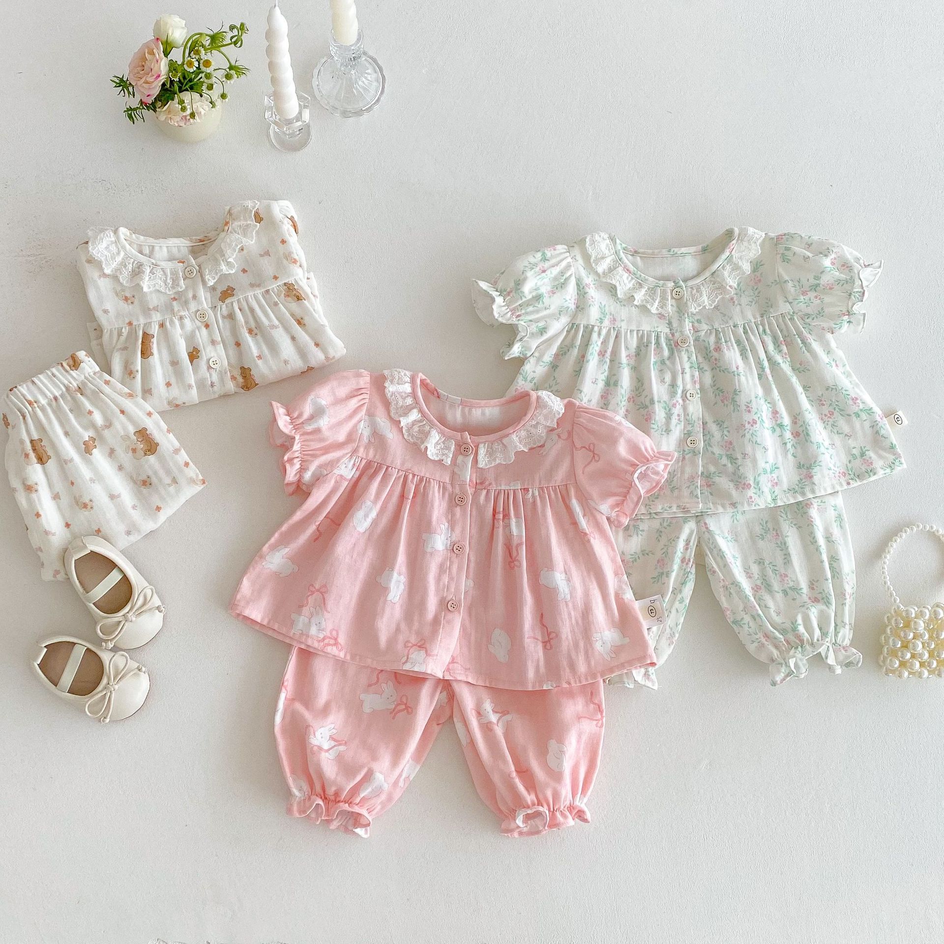 Girls' Cartoon Set 2025 New Summer Baby Thin Rabbit Pajama Trendy Full-print Pajama Pants Two-piece set Specification drawing