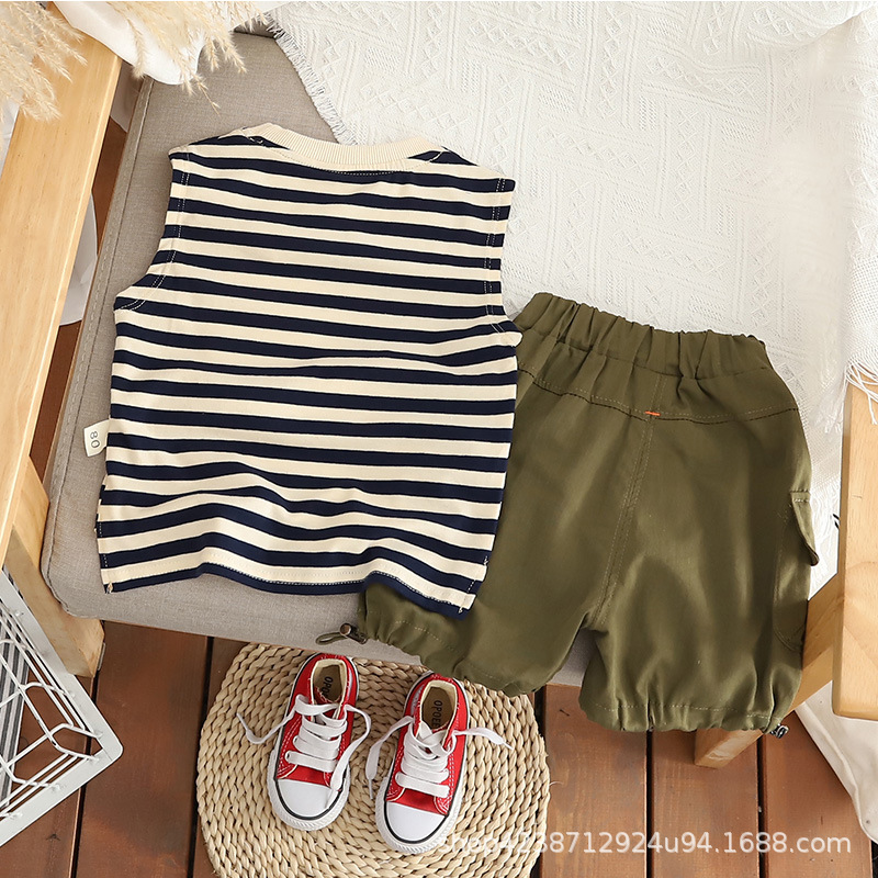 The 2023 summer new sleeveless striped top for boys is a trendy and stylish two-piece workwear pants for kids details Picture