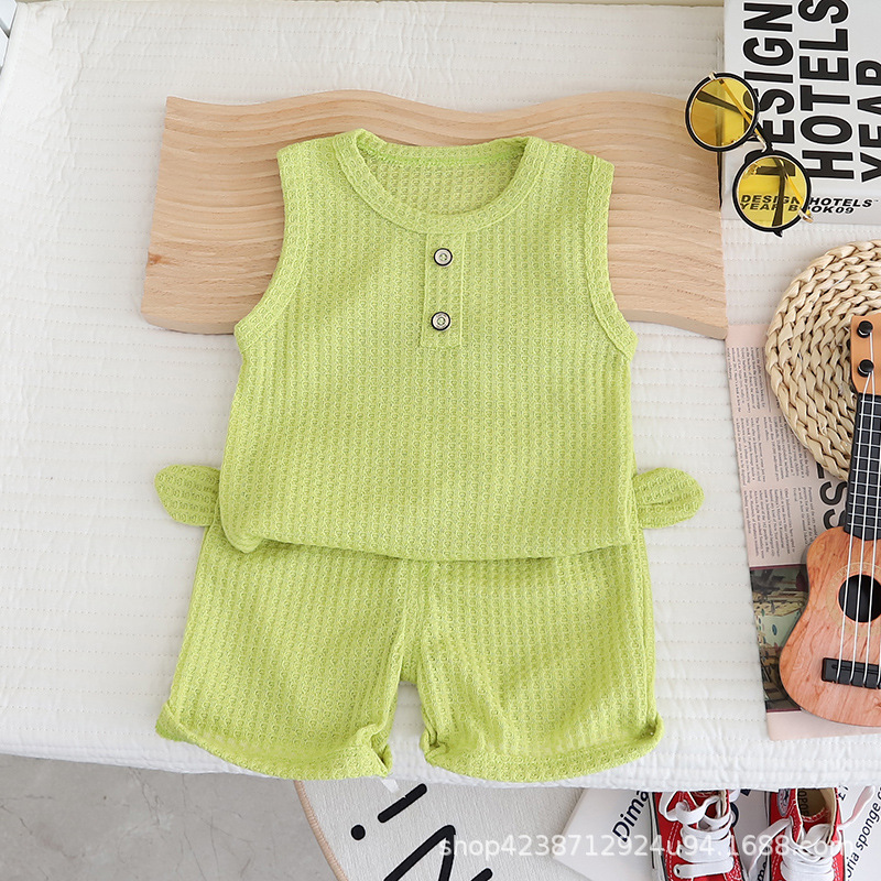 A new, stylish and casual Korean-style solid color waffle vest set for infants and toddlers in summer, a thin and breathable set Specification drawing