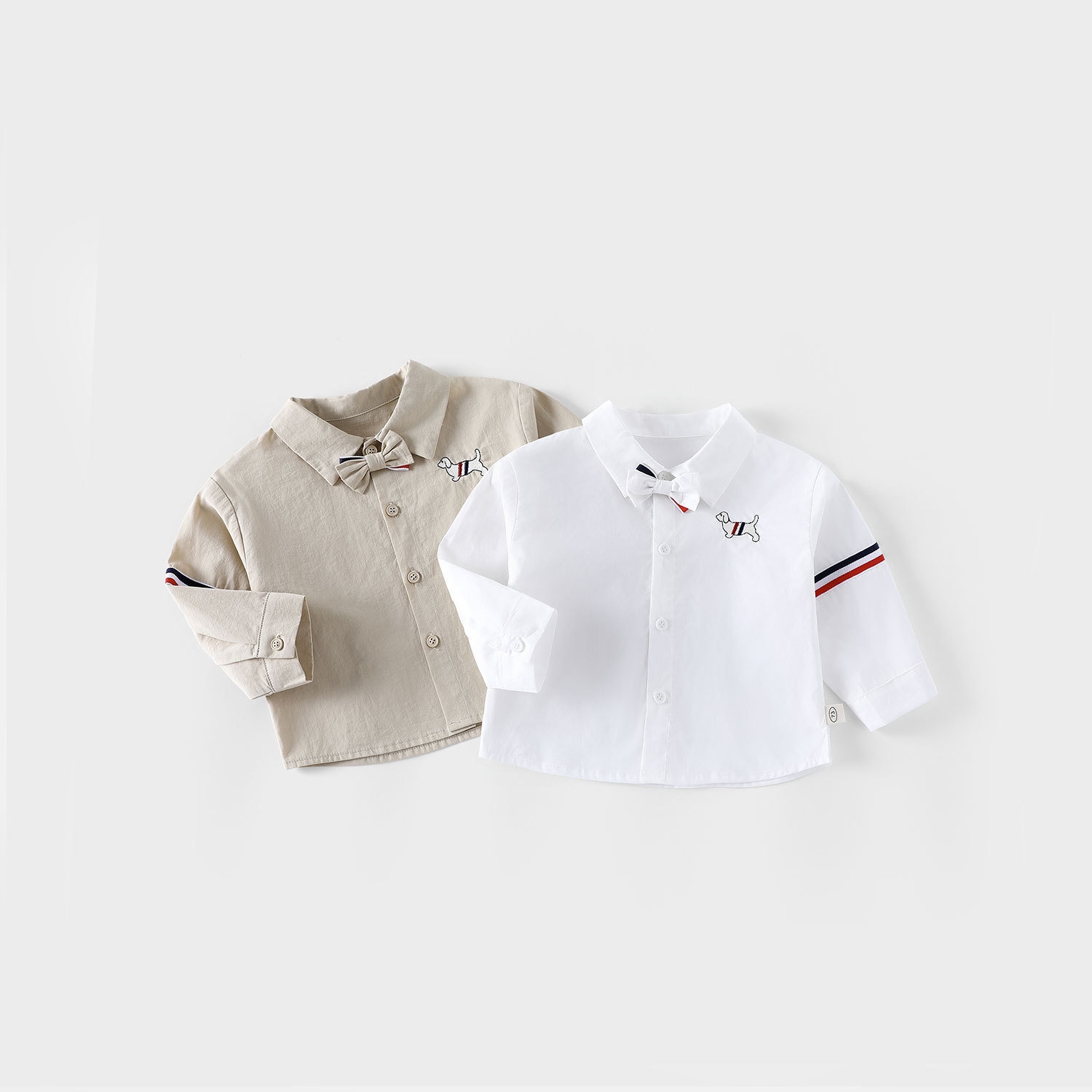 Children's embroidered shirt 2025 New autumn school style Boys' Korean-style bow tie ribbon shirt Trendy baby autumn wear full figure