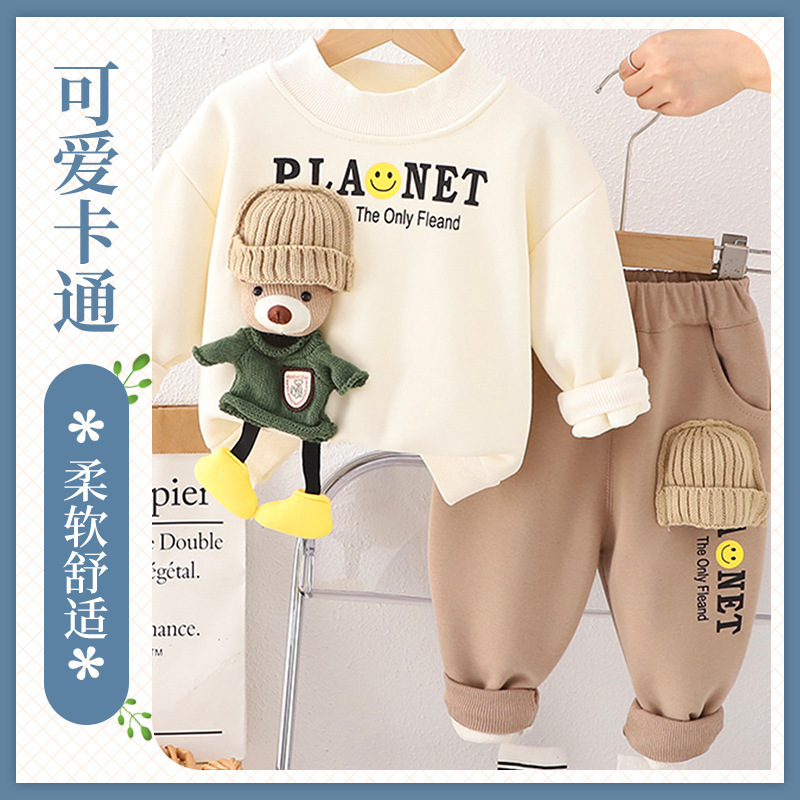 The 2023 autumn and winter new unisex men's and girls' fleece round-neck hoodie long-sleeved set and warm trousers two-piece set are trendy full figure