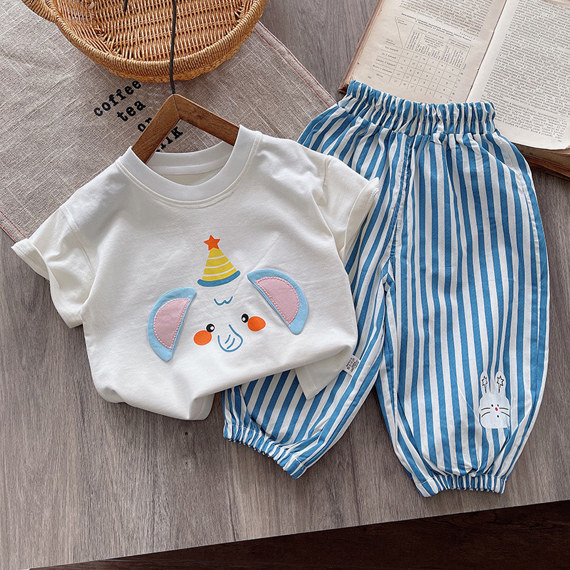 Summer new Boys' set: Thin little boy short-sleeved T-shirt, casual pants, children's top, mosquito-proof pants, two-piece set full figure