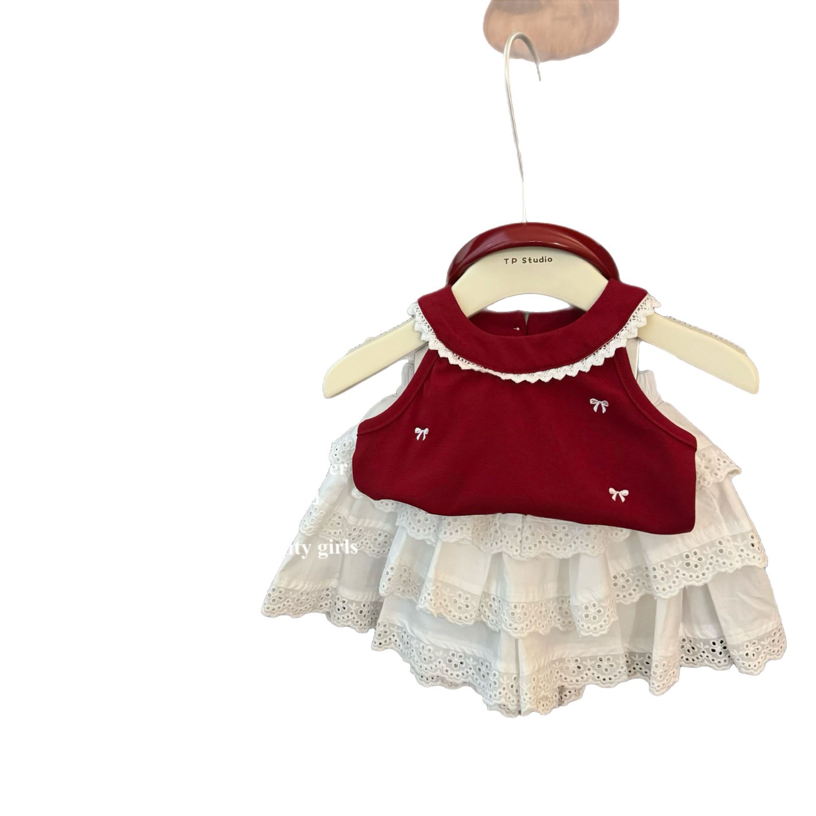 Ballet Aesthetics! 2025 Girls' Summer Red Bow Print Vest with Cutout Cake Skirt and Pants Set Item Picture