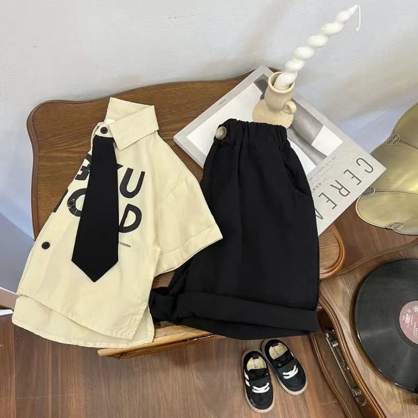 Boys' stylish summer shirt 2024 Summer New Korean-style children's short-sleeved loose and fashionable summer two-piece set, trendy Specification drawing
