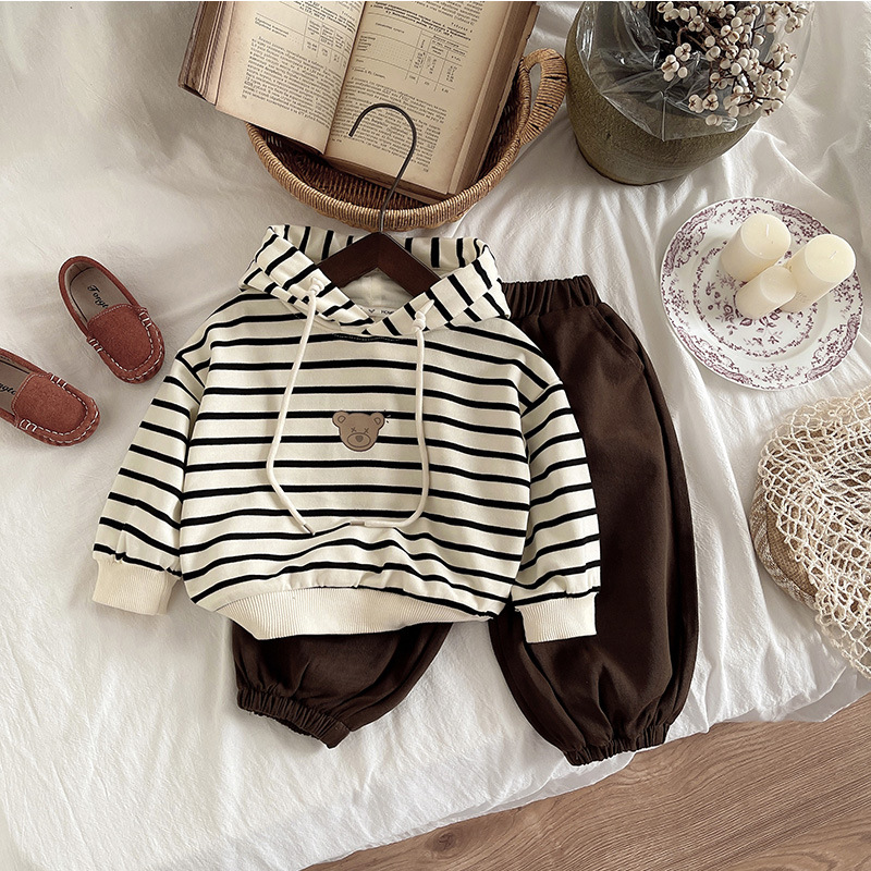 Striped sporty casual style hooded boys' top, men's autumn thin vest unisex spring and autumn three-piece set details Picture