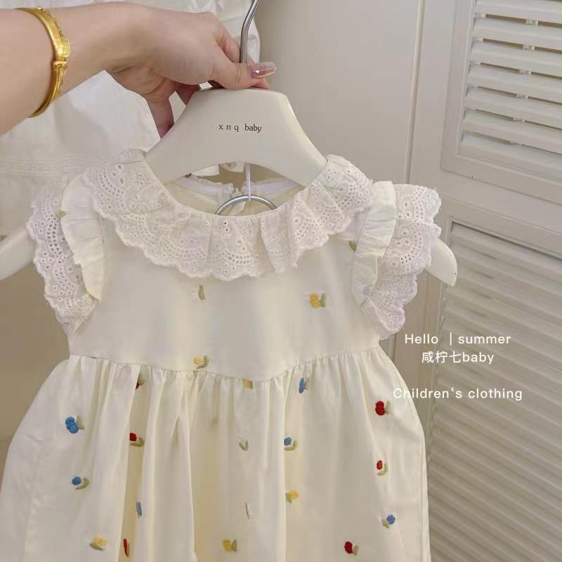 Summer new children's dress, flower-embroidered girls' dress, flower bud sleeveless girls' stylish princess dress details Picture