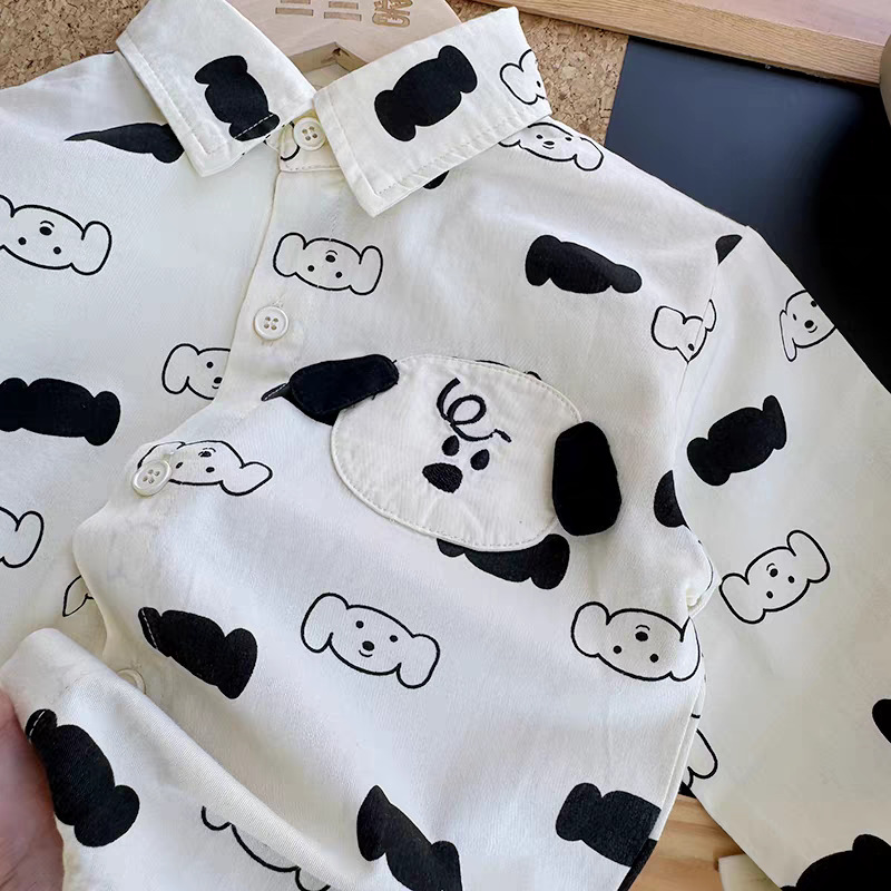 White printed lapel cartoon shirt for boys, long-sleeved shirt with three-dimensional ears for babies, and autumn top for girls details Picture