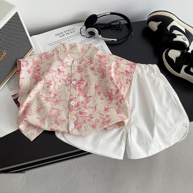 Pink children's short-sleeved shirt for summer, boys' stand-up collar floral print baby, Korean-style half-sleeved girls' outfit full figure