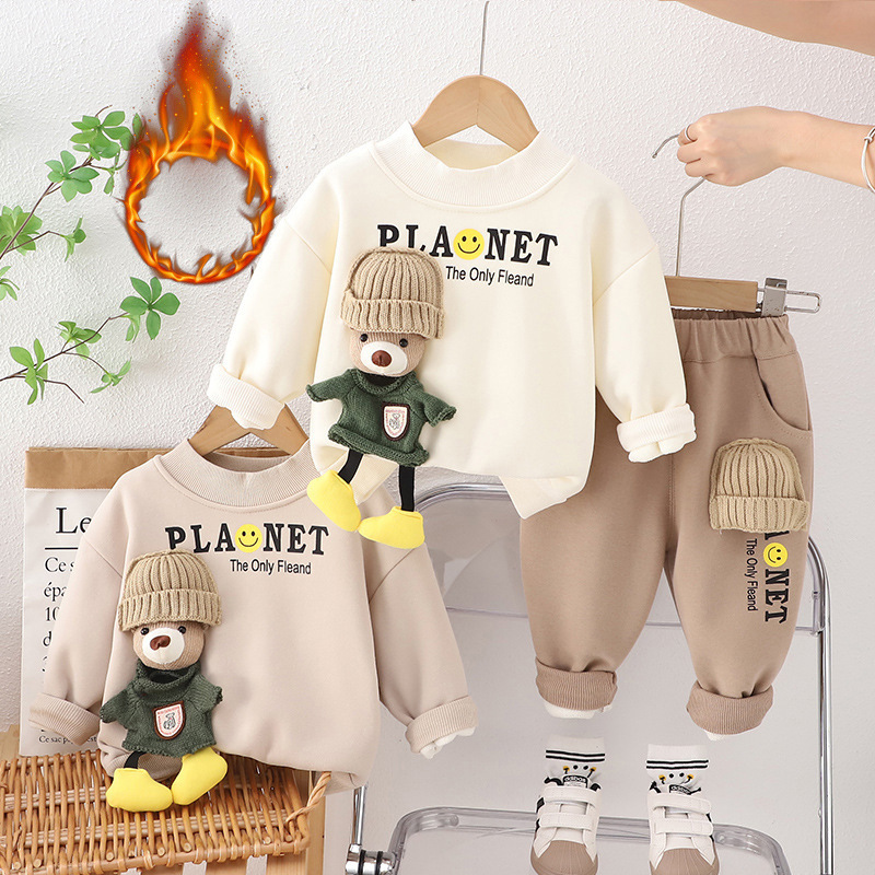 The 2023 autumn and winter new unisex men's and girls' fleece round-neck hoodie long-sleeved set and warm trousers two-piece set are trendy details Picture