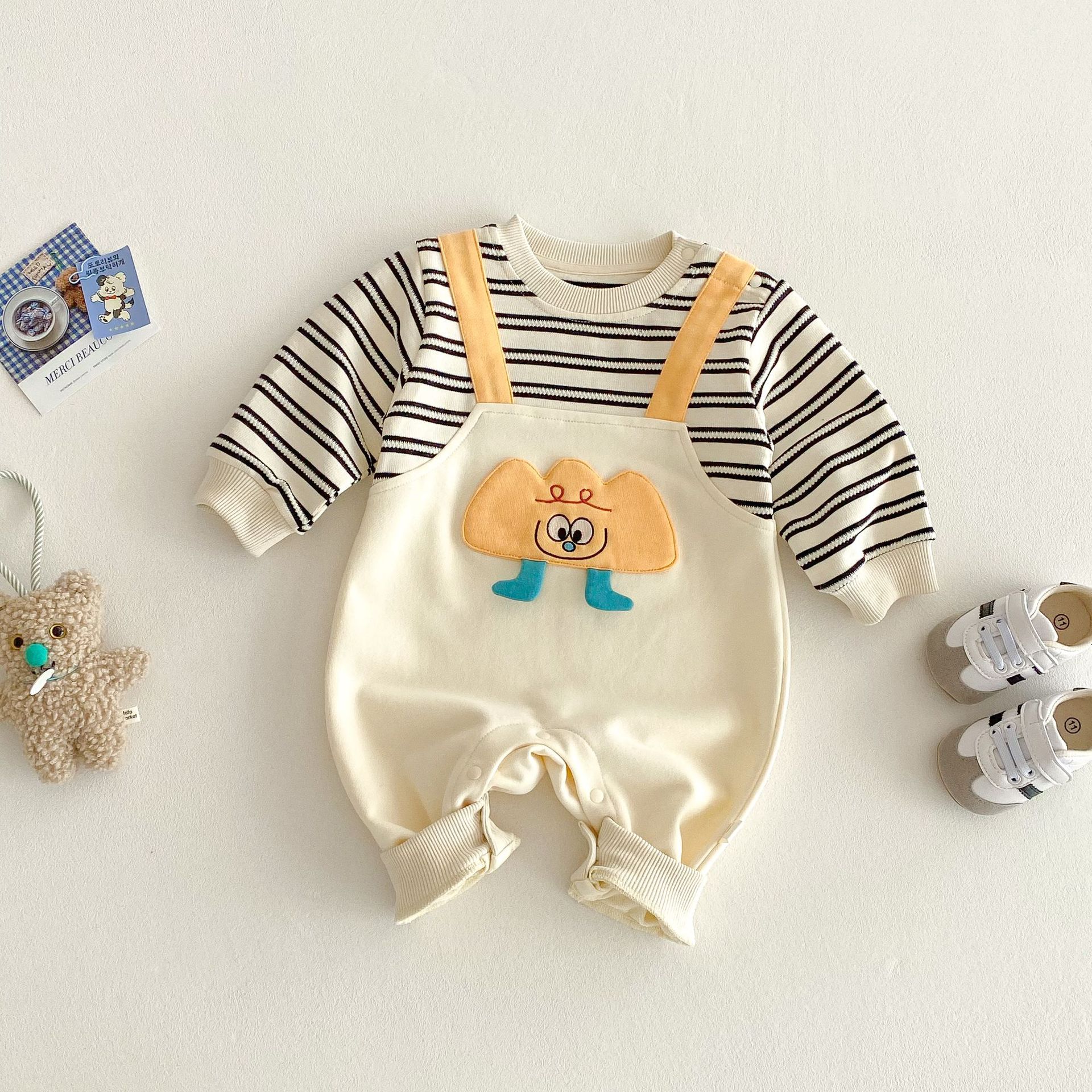 Baby cartoon jumpsuit 2025 new spring 0-5 years old baby striped false two-piece crawling suit newborn clothing details Picture