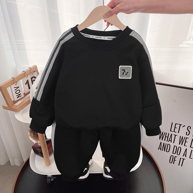KC72 Standard Set Black new children's clothing for boys, Korean-style stylish small and medium-sized children's sweatshirt and sweatpants two-piece set full figure
